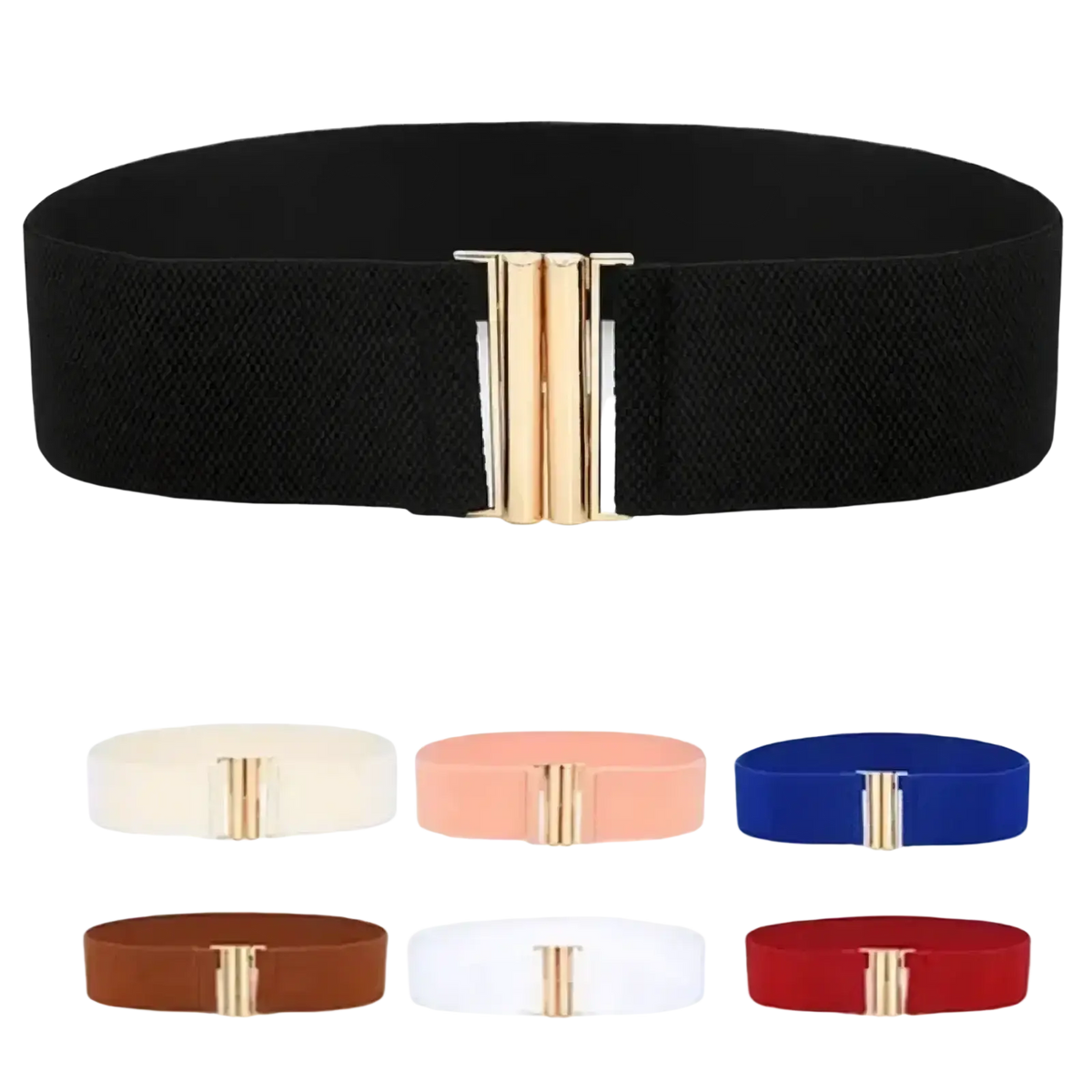 Black women wide elastic waist belt with gold-tone rectangular metal buckle for versatile styling