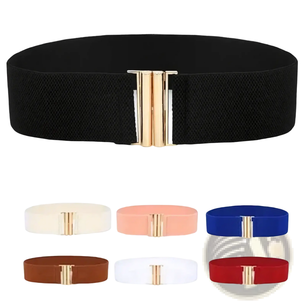 Black wide elastic waist belt with gold tone rectangular metal buckle for women