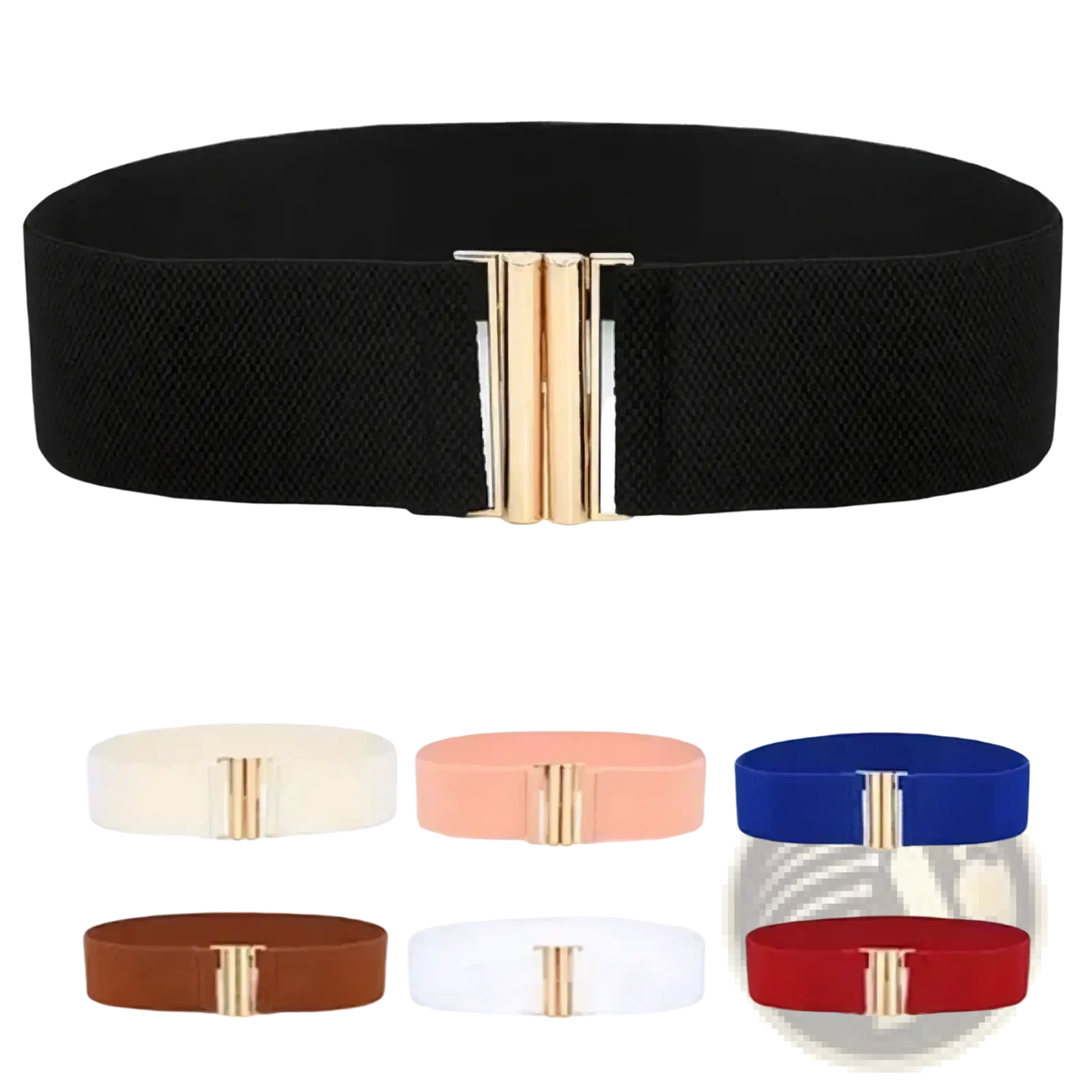 Black wide elastic waist belt with gold tone rectangular metal buckle for women
