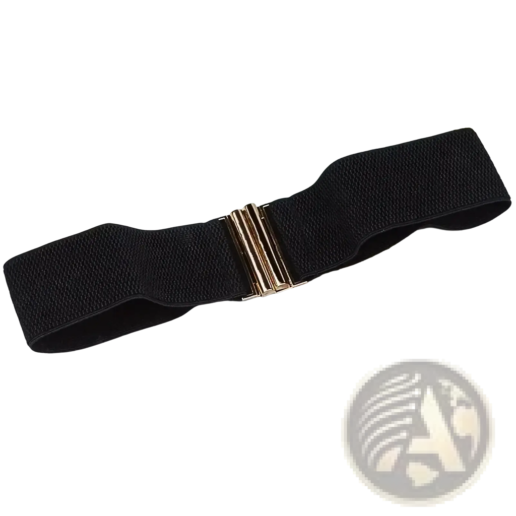 Women wide elastic waist belt in black with gold toned metal buckle for adjustable fit and style