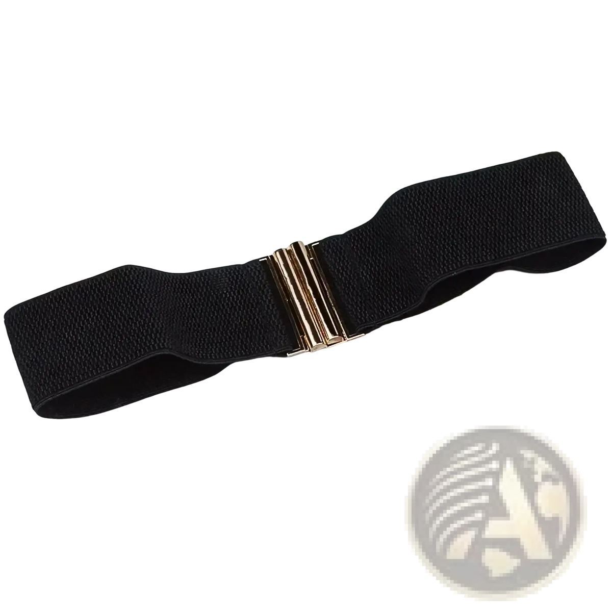 Women wide elastic waist belt in black with gold toned metal buckle for adjustable fit and style
