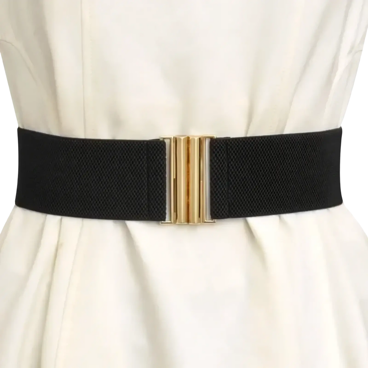 Women wide elastic waist belt in black with a gold-toned metal rectangular buckle for stylish fit adjustment