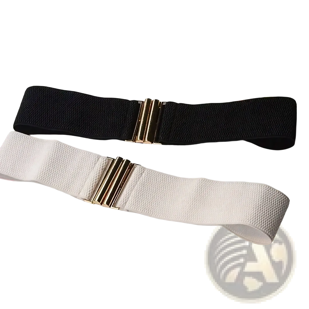 Women wide elastic waist belts in black and white with gold-tone rectangular metal buckles for stylish wear