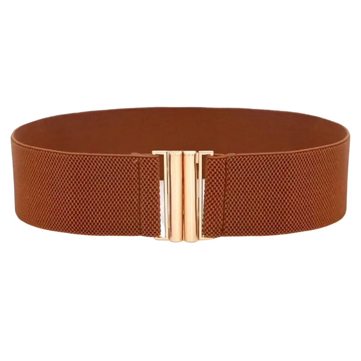 Brown women wide elastic waist belt with textured fabric and gold-tone rectangular metal buckle