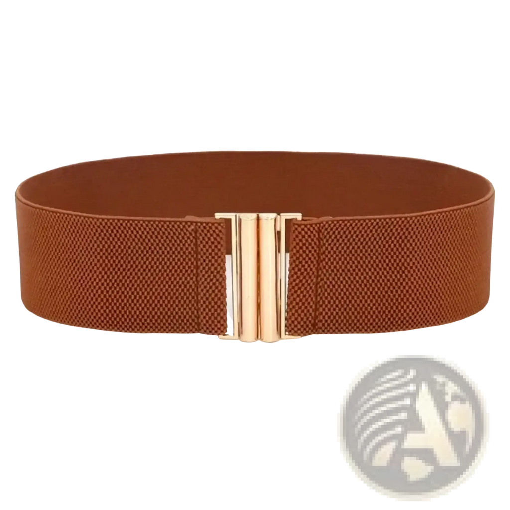 Brown women wide elastic waist belt with textured fabric and gold-tone rectangular metal buckle