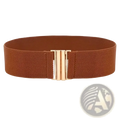 Brown women wide elastic waist belt with textured fabric and gold-tone rectangular metal buckle