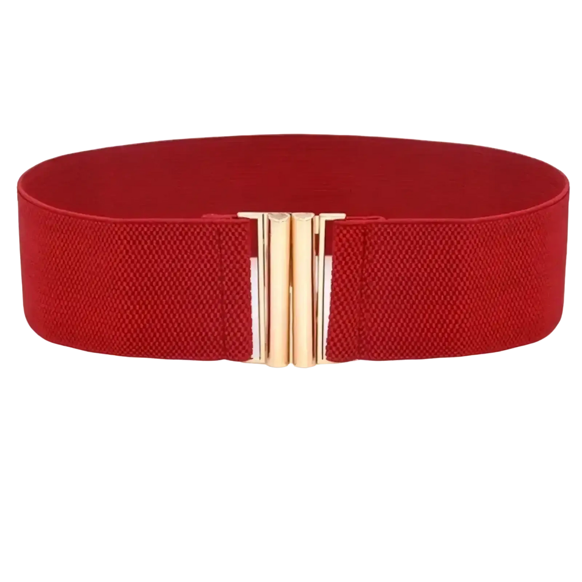 Women wide elastic waist belt in red with gold-tone rectangular metal buckle for functional style and comfort