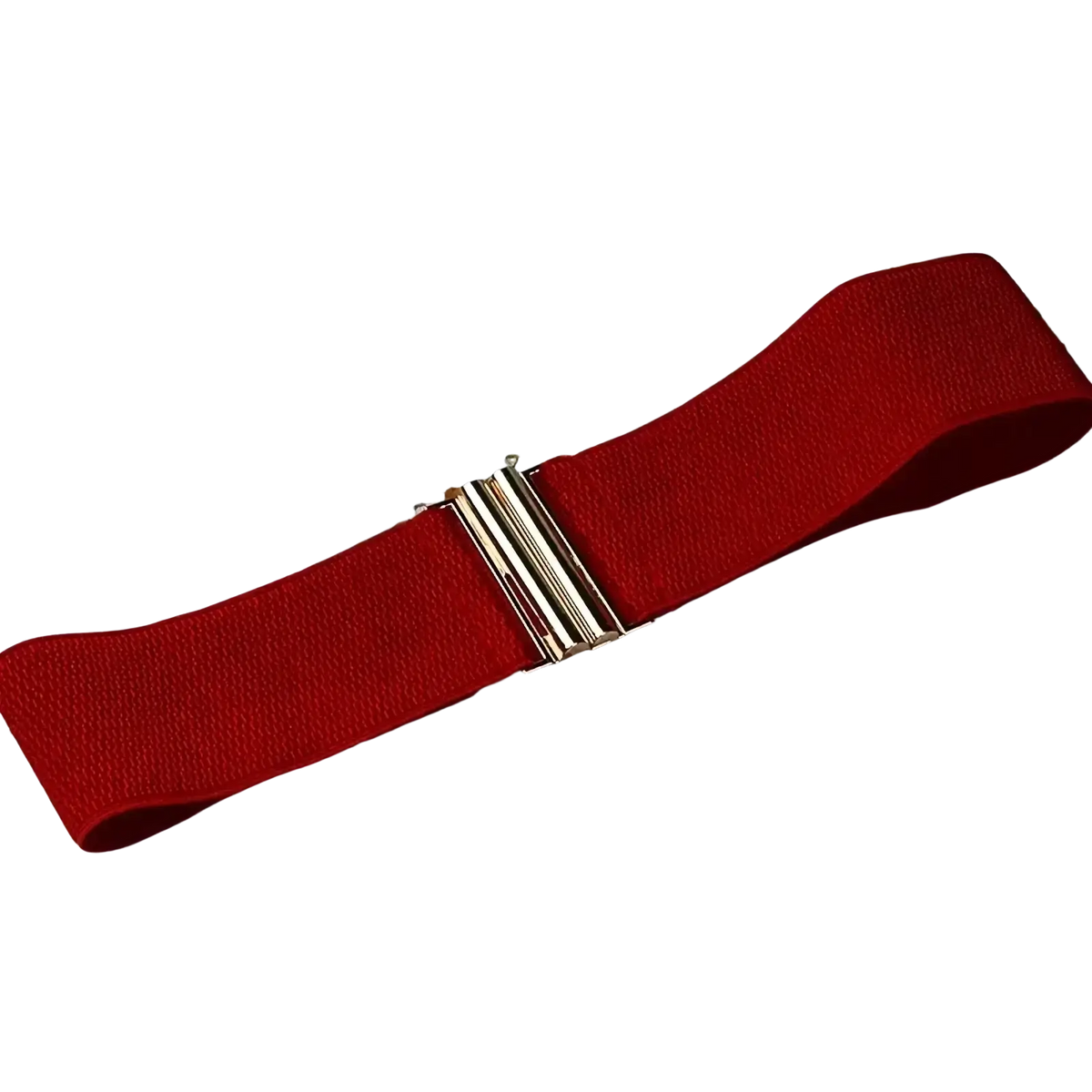 Women wide elastic waist belt in red with a silver-toned metal buckle for adjustable fit and style