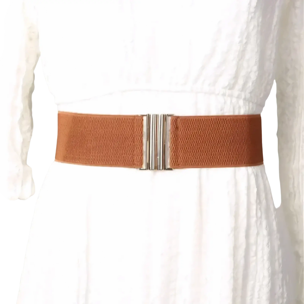 Women wide elastic waist belt in tan with a sleek silver-toned metal buckle for stylish waist cinching