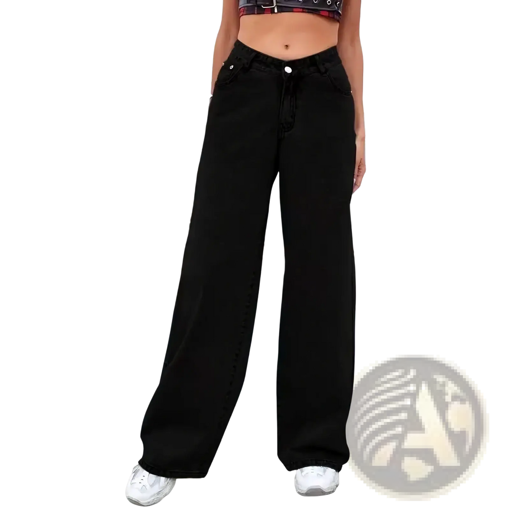 Women wide leg denim jeans in black with high-waisted fit and drawstring waistband made from denim material