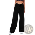 Women wide leg denim jeans in black with high-waisted fit and drawstring waistband made from denim material