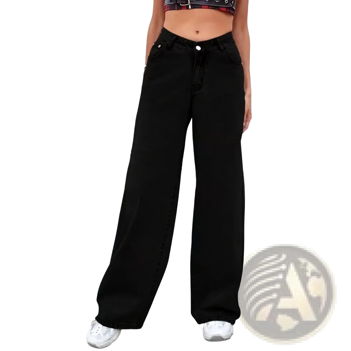Women wide leg denim jeans in black with high-waisted fit and drawstring waistband made from denim material