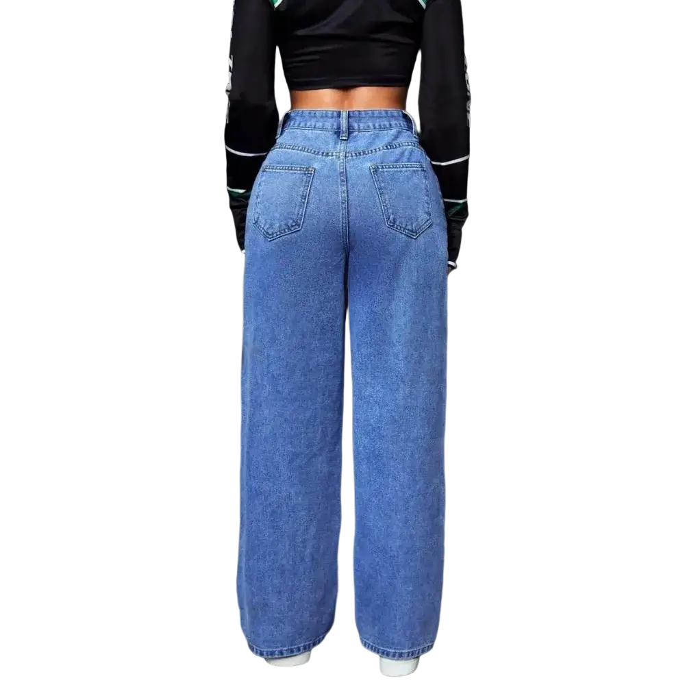 Women wide leg denim jeans in blue featuring high waist and classic back pockets shown from the back side