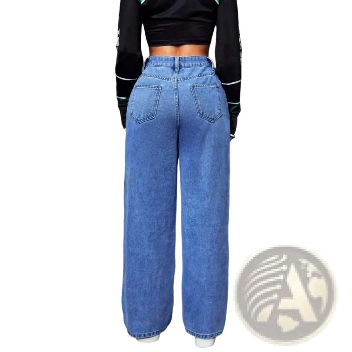 Women wide leg denim jeans in blue featuring high waist and classic back pockets shown from the back side