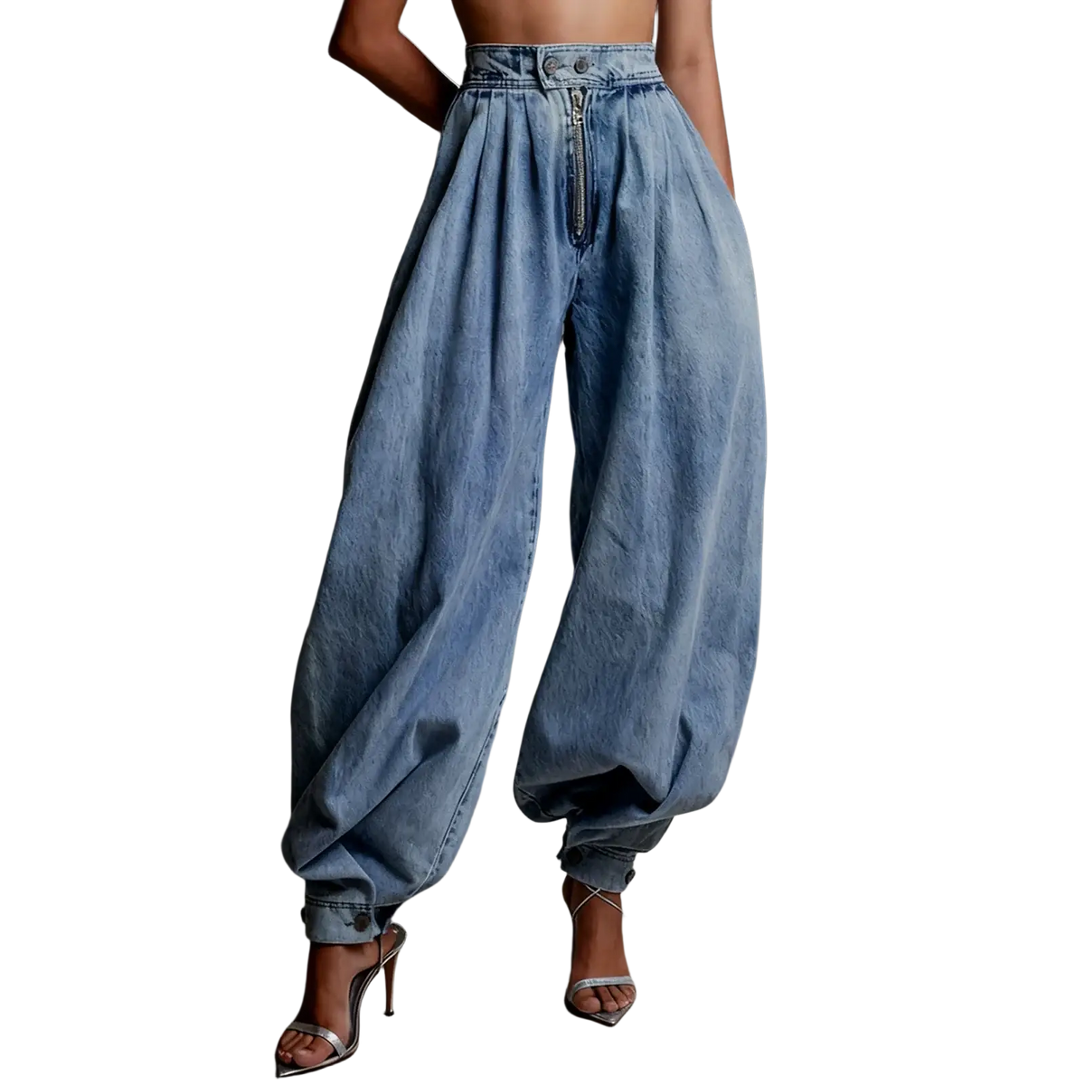 Light-wash denim womens wide leg jeans with high waist baggy cut and cuffed hems made from denim material