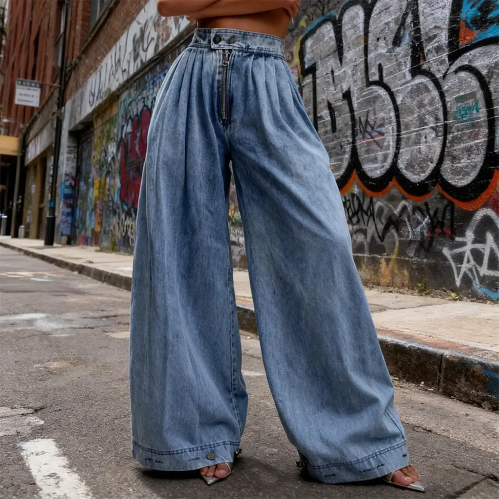 Women wide leg denim jeans in light wash with high waist and zipper detail in baggy trousers style
