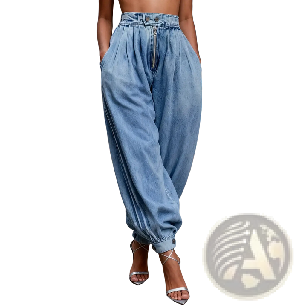 Light-wash denim women wide leg jeans with high waist, elasticated cuffs, and relaxed baggy trousers design