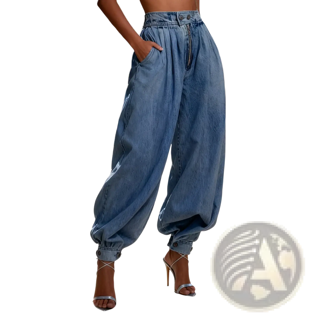 Women wide leg denim jeans high waist light-wash denim with elastic cuffs and buttoned waistband