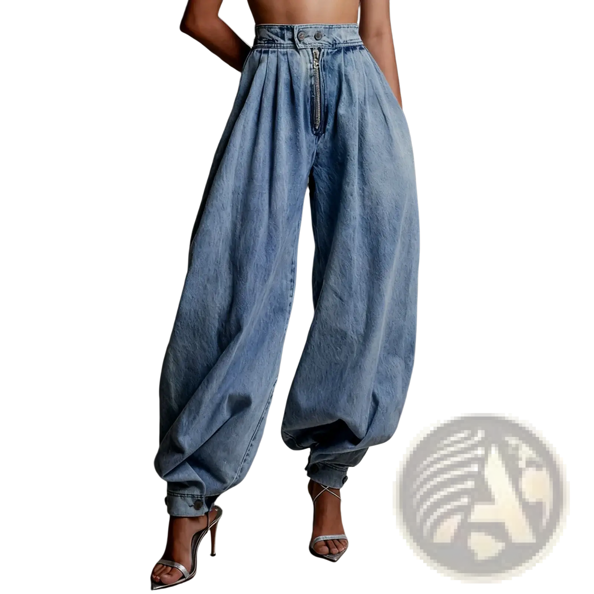 Light-wash denim womens wide leg jeans with high waist baggy cut and cuffed hems made from denim material