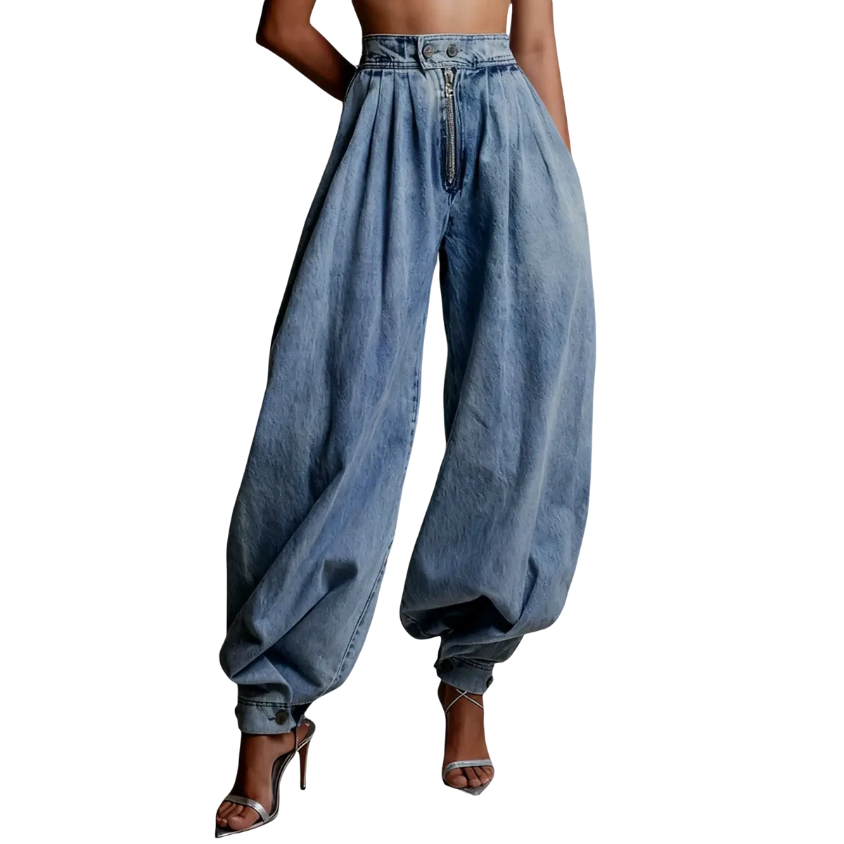 Women wide leg denim jeans high waist baggy trousers in light blue with a loose balloon leg cut and cuffed hems