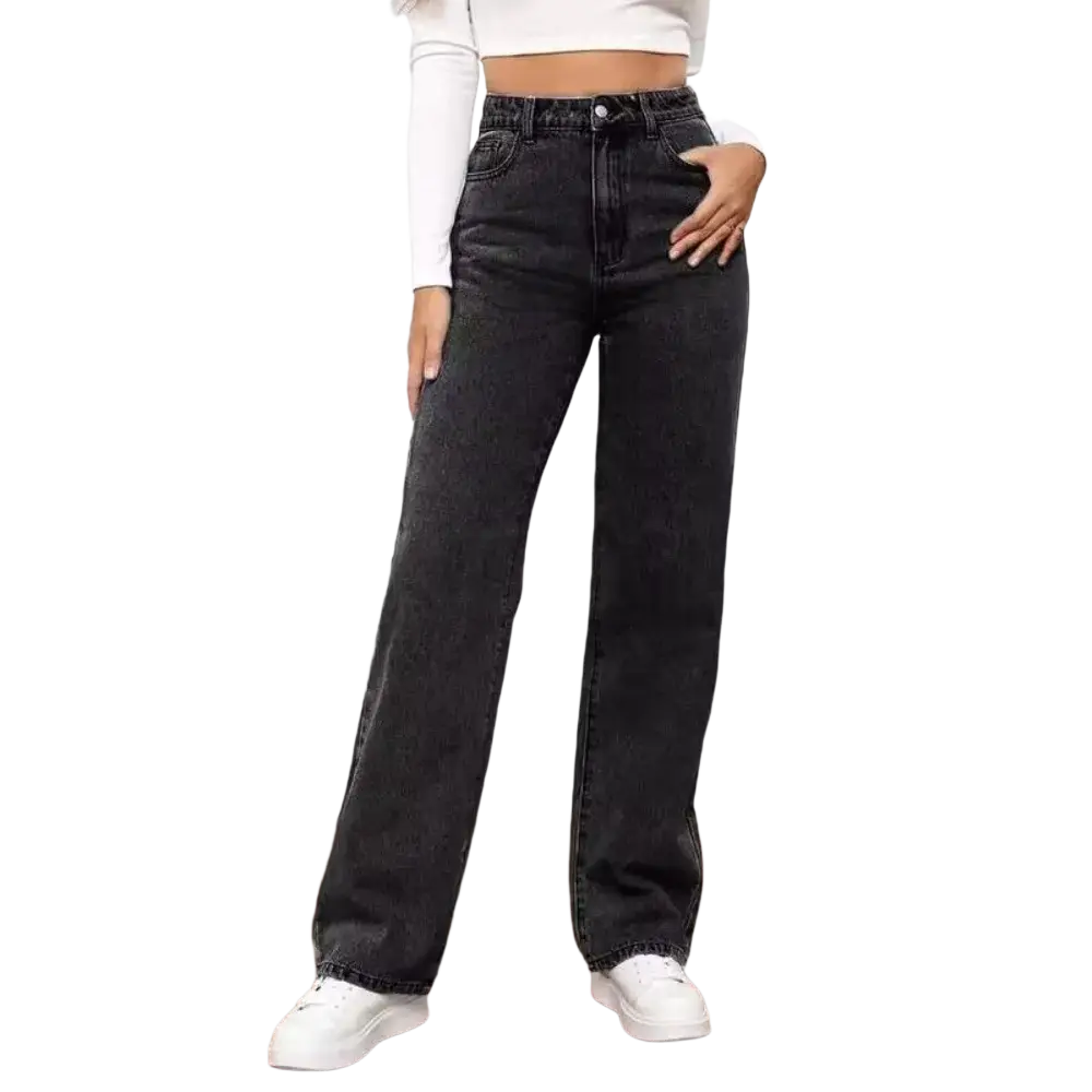 Women wide leg denim jeans with high-waisted black denim, straight-leg cut, and classic five-pocket design