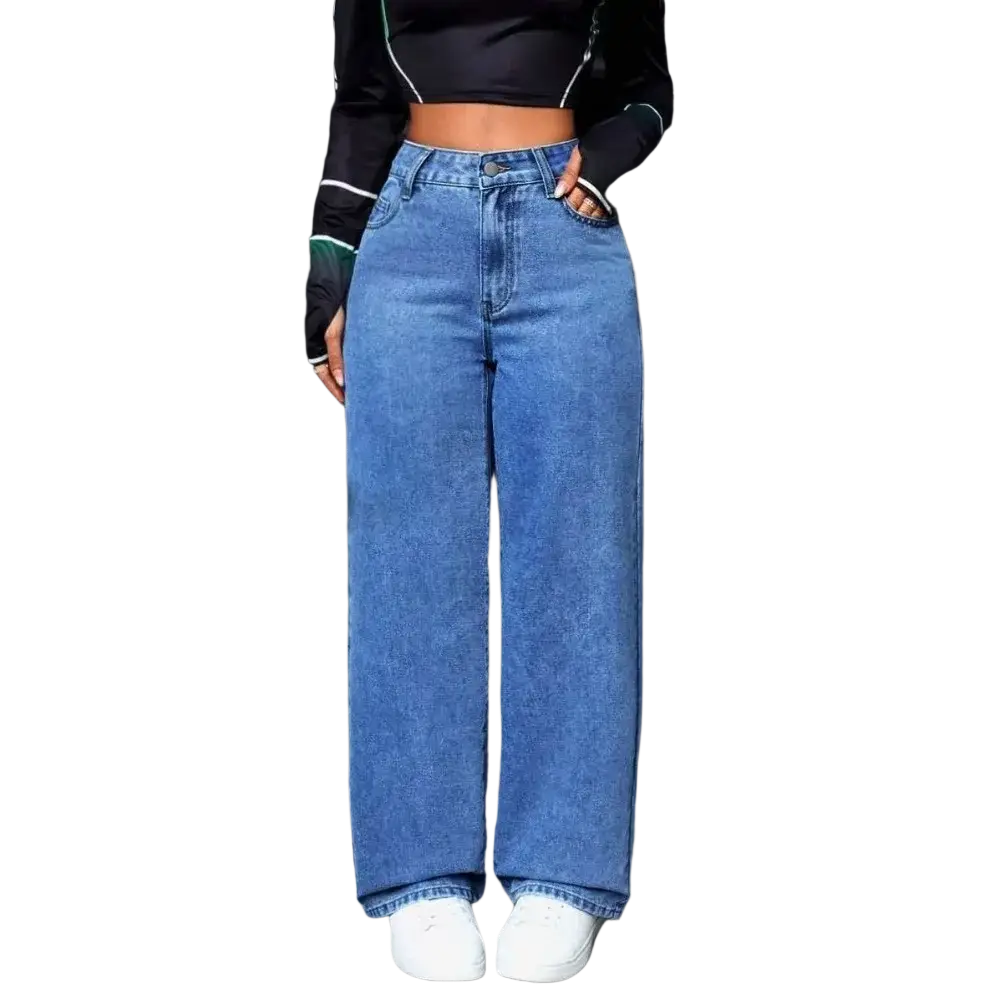 Women wide leg denim jeans featuring high-waisted blue denim with a classic faded wash and visible stitching details