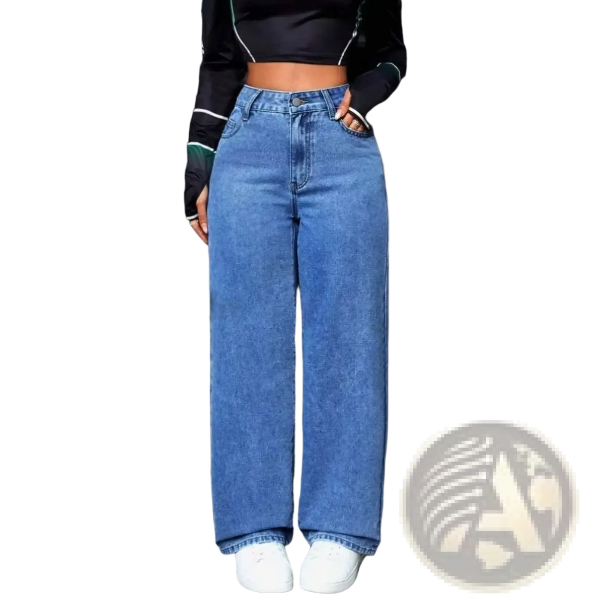 Women wide leg denim jeans featuring high-waisted blue denim with a classic faded wash and visible stitching details