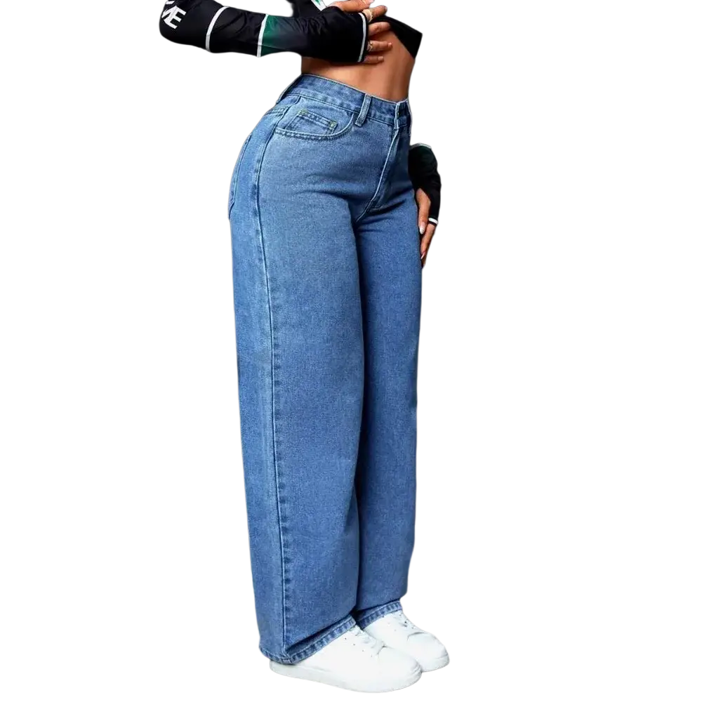 Women wide leg denim jeans in medium-blue high-waisted denim with a straight-leg cut and classic stitching