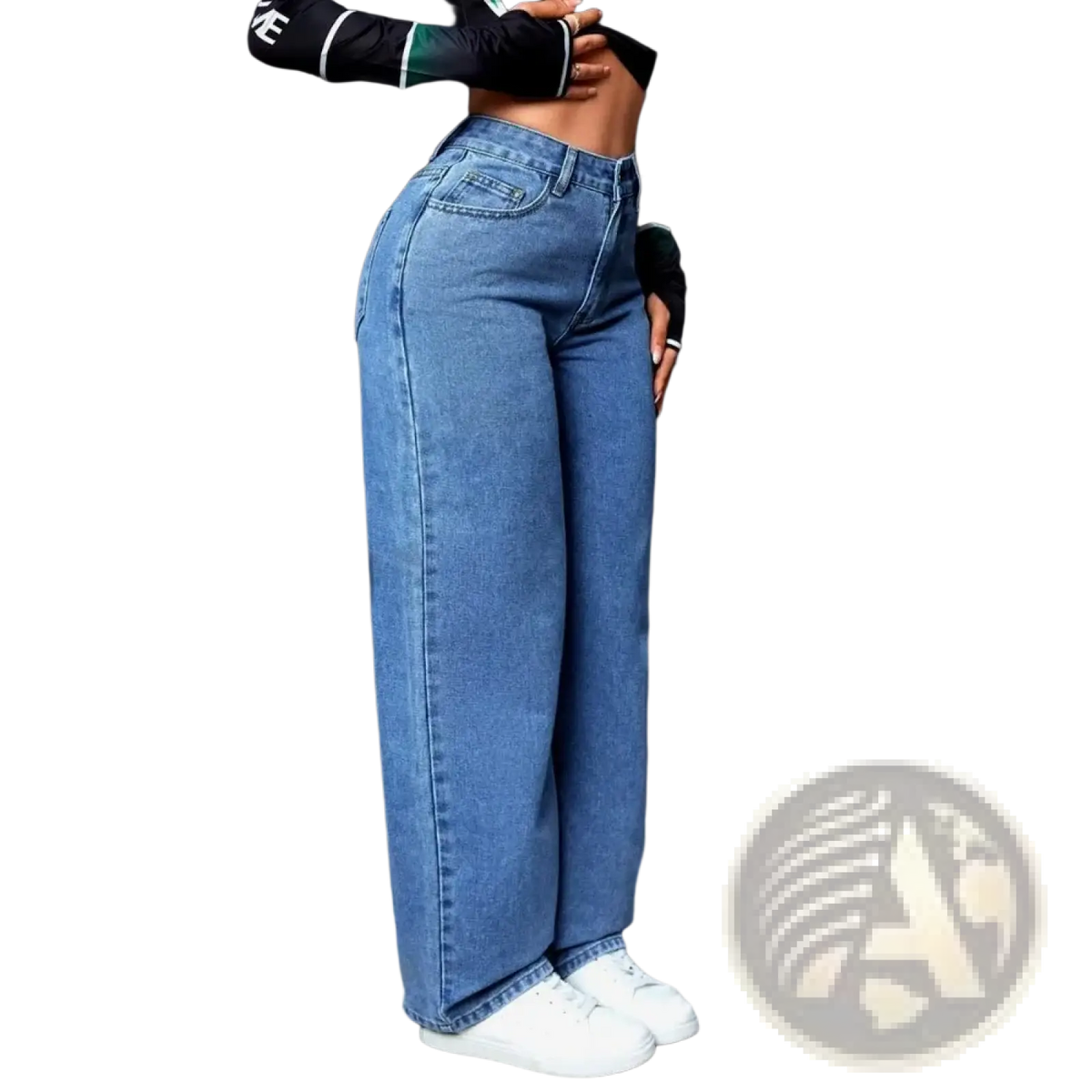 Women wide leg denim jeans in medium-blue high-waisted denim with a straight-leg cut and classic stitching