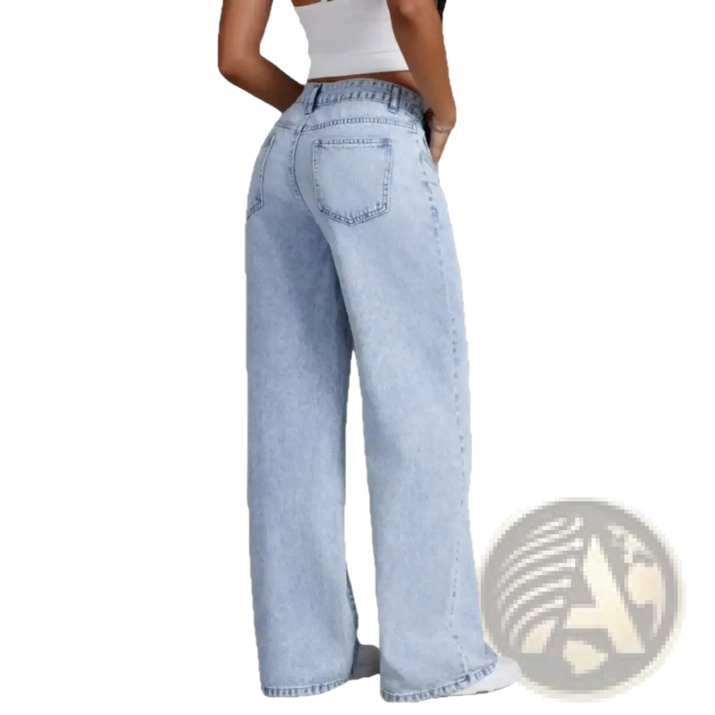 Women wide leg denim jeans in light-wash denim with a relaxed fit and classic back pockets shown from the back side