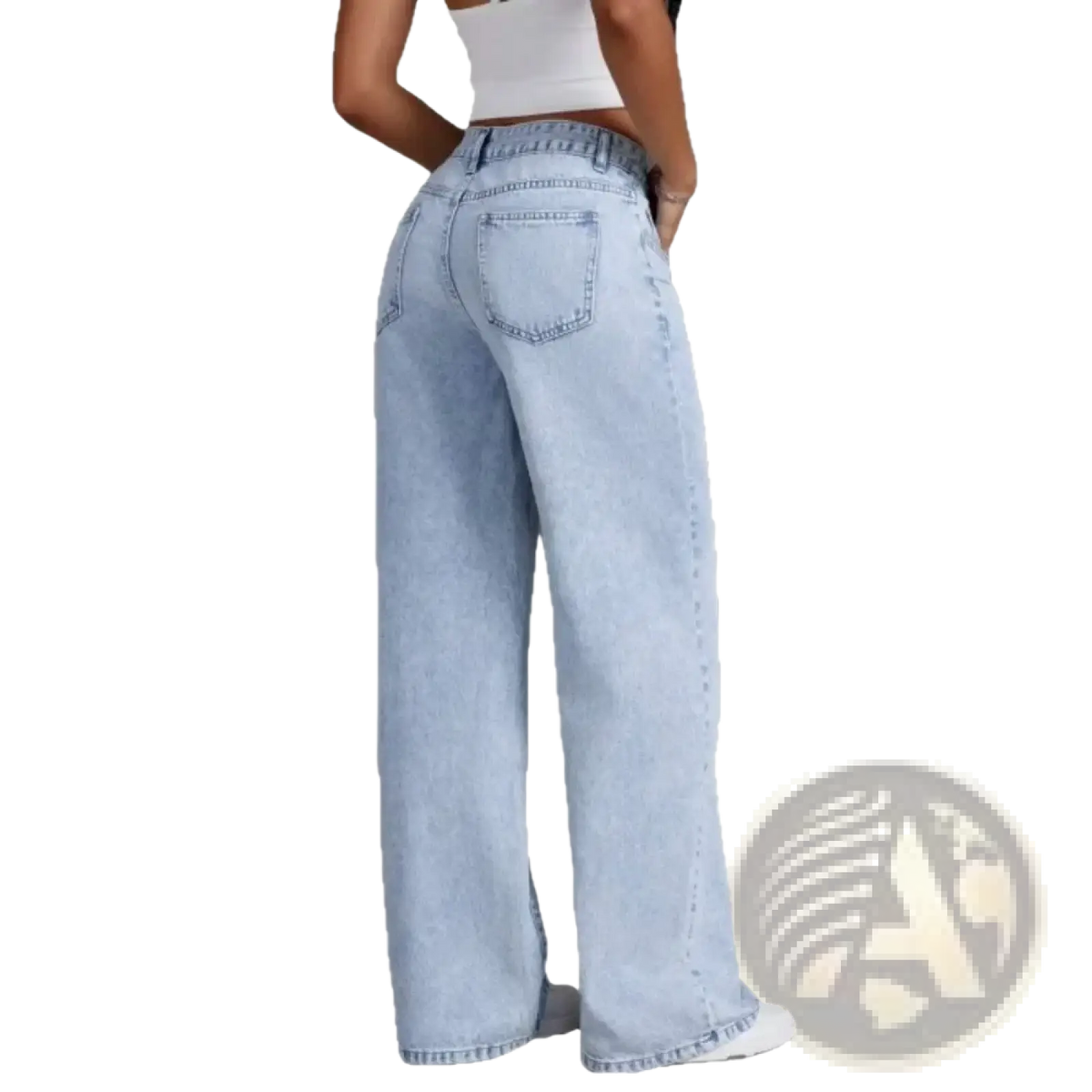 Women wide leg denim jeans in light-wash denim with a relaxed fit and classic back pockets shown from the back side