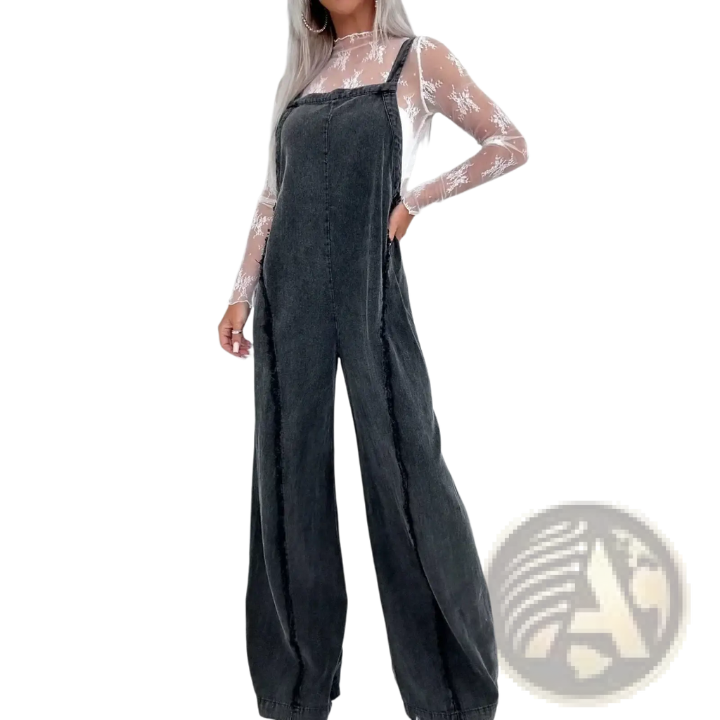 Dark gray wide leg denim jumpsuit for women with frayed edges vintage long overalls style