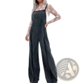 Dark gray wide leg denim jumpsuit for women with frayed edges vintage long overalls style