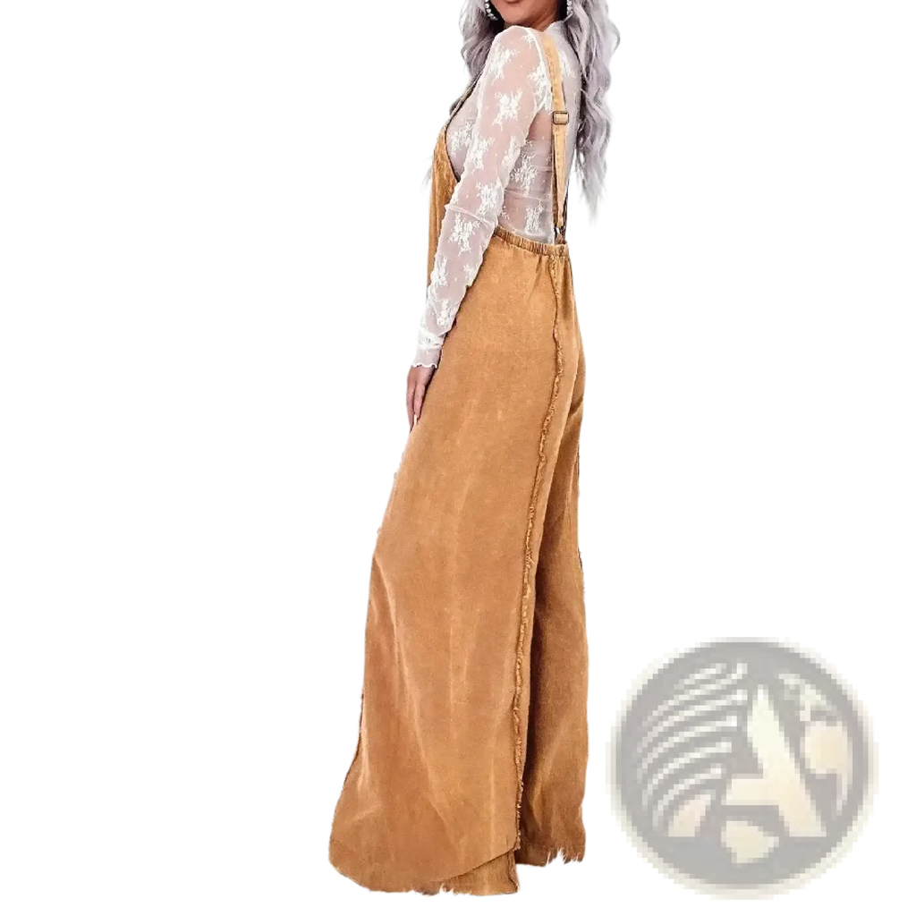 Women wide leg tan corduroy overalls with lace long sleeve top underneath vintage style denim jumpsuit