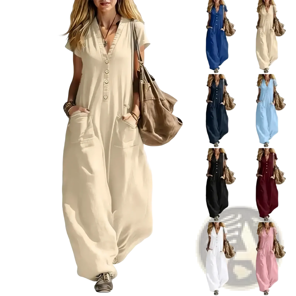Beige short-sleeved women wide leg jumpsuit with button front and front pockets in lightweight fabric
