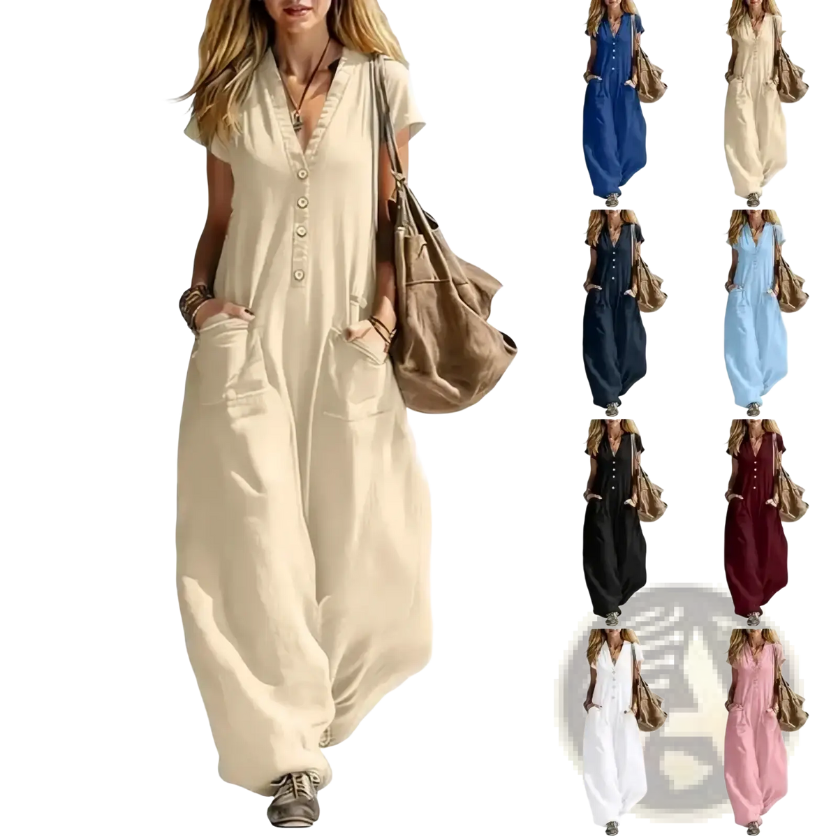 Beige short-sleeved women wide leg jumpsuit with button front and front pockets in lightweight fabric