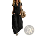 Black short-sleeved wide leg jumpsuit with button front and side pockets for women in lightweight fabric