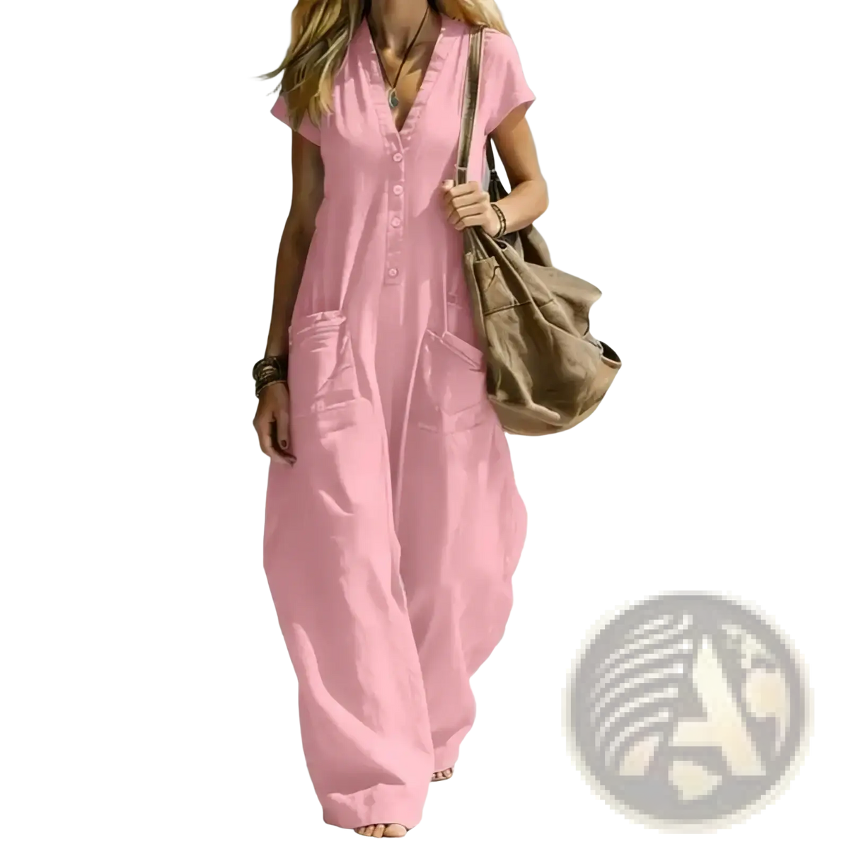 A soft pink women wide leg jumpsuit with short sleeves button front neckline and pocket romper design