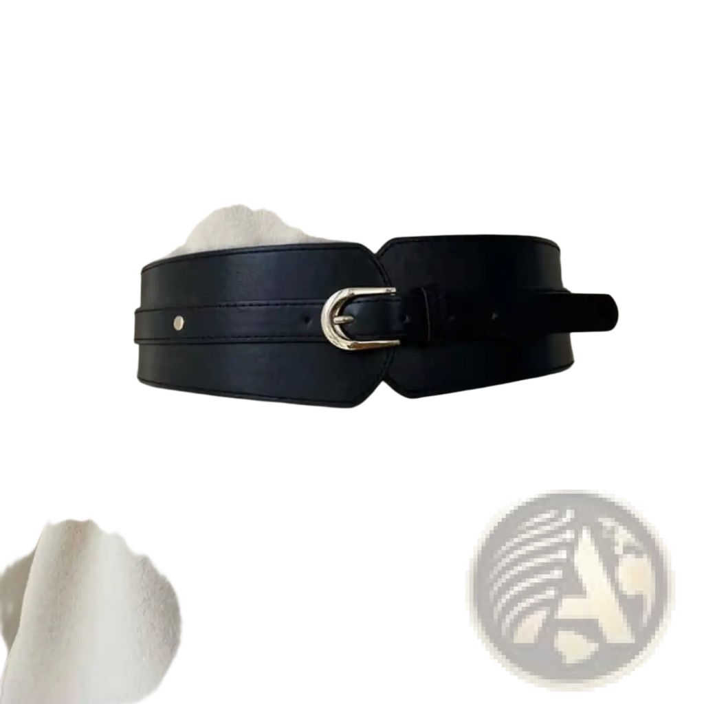 Women wide pu leather corset belt in black with a gold buckle cinching the waist of an off-white coat