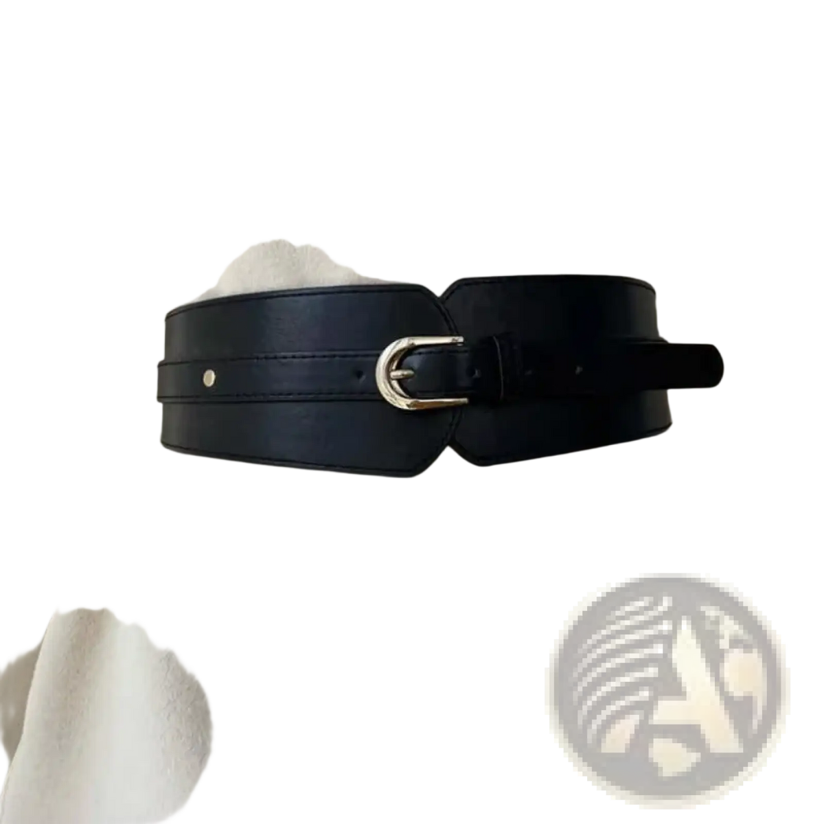 Women wide pu leather corset belt in black with a gold buckle cinching the waist of an off-white coat