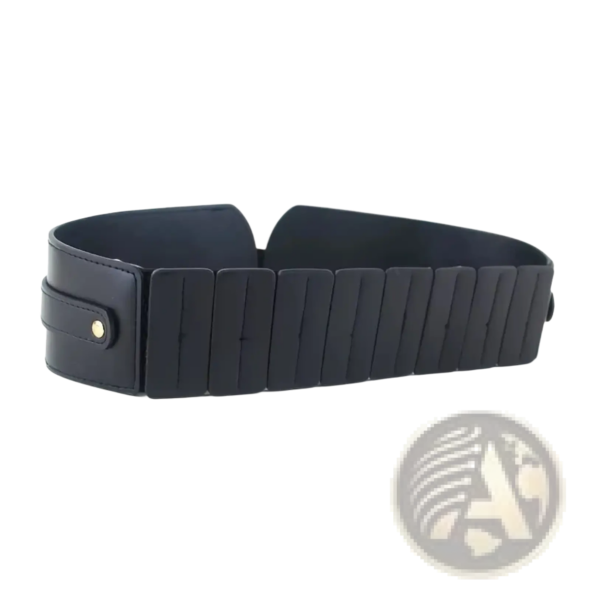 Black leather wide corset belt with structured segmented design and gold-tone buckle hardware for women