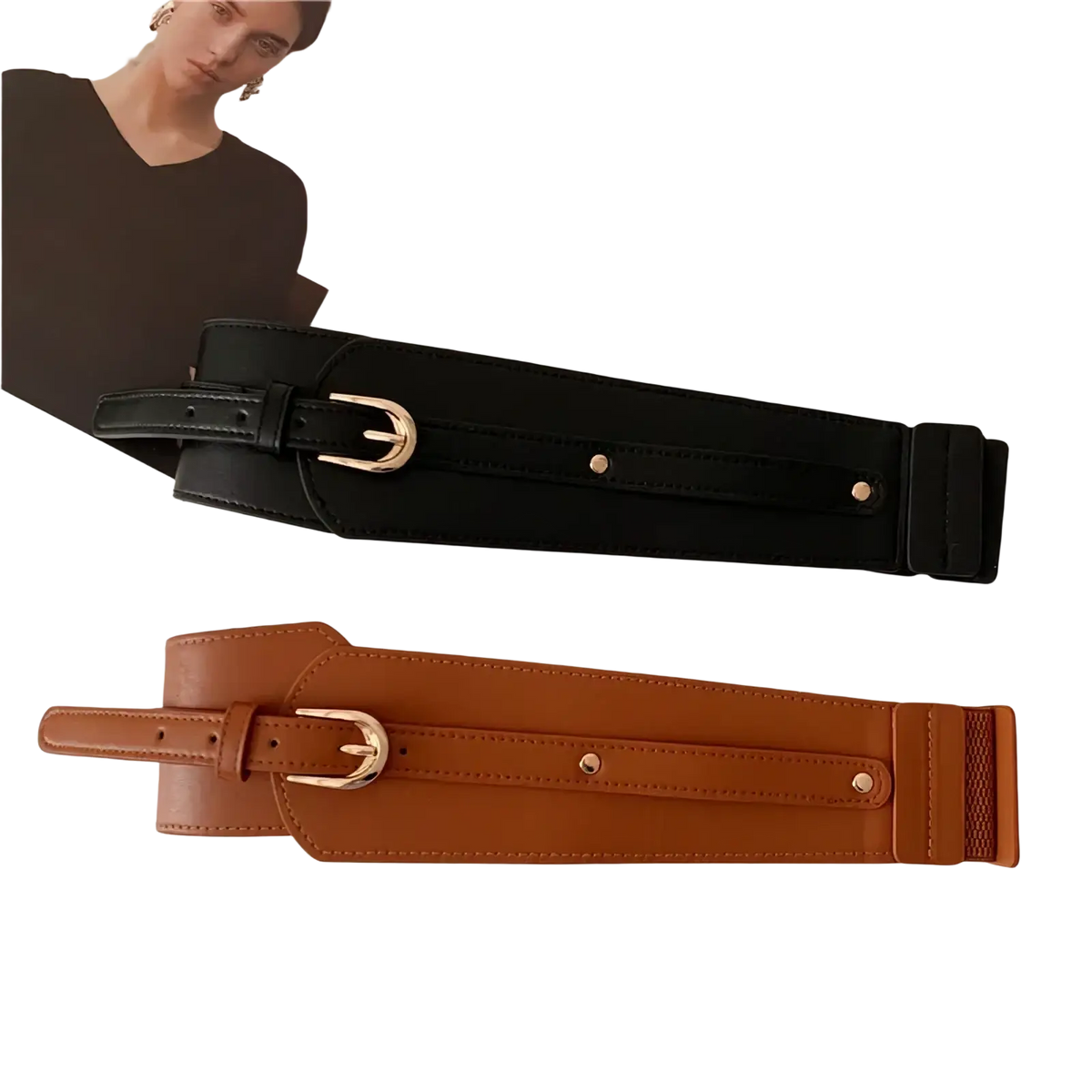 Women wide PU leather corset belts in black and tan with elastic waist, gold-tone buckle, and stitched detailing