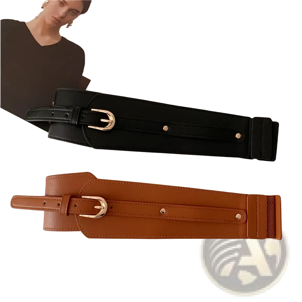 Women wide PU leather corset belts in black and tan with elastic waist, gold-tone buckle, and stitched detailing