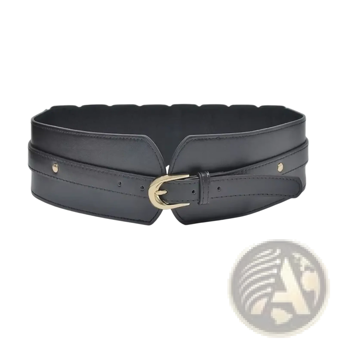 Black wide pu leather corset belt with gold-toned buckle and decorative stitching for women