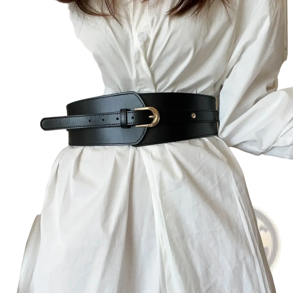 Black wide pu leather corset belt with gold-toned buckle and stitched edges for women