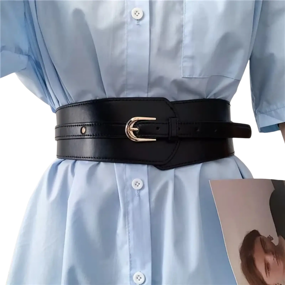 Black leather women wide corset belt with a gold-toned buckle made of pu leather for stylish wear