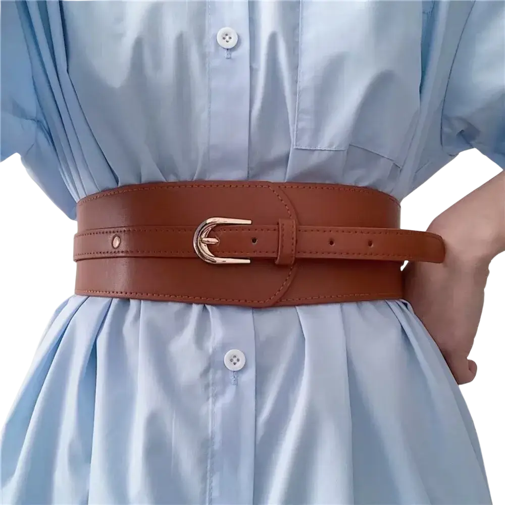 Women wide pu leather corset belt in brown with a gold-toned buckle showcasing its wide design and elegant finish
