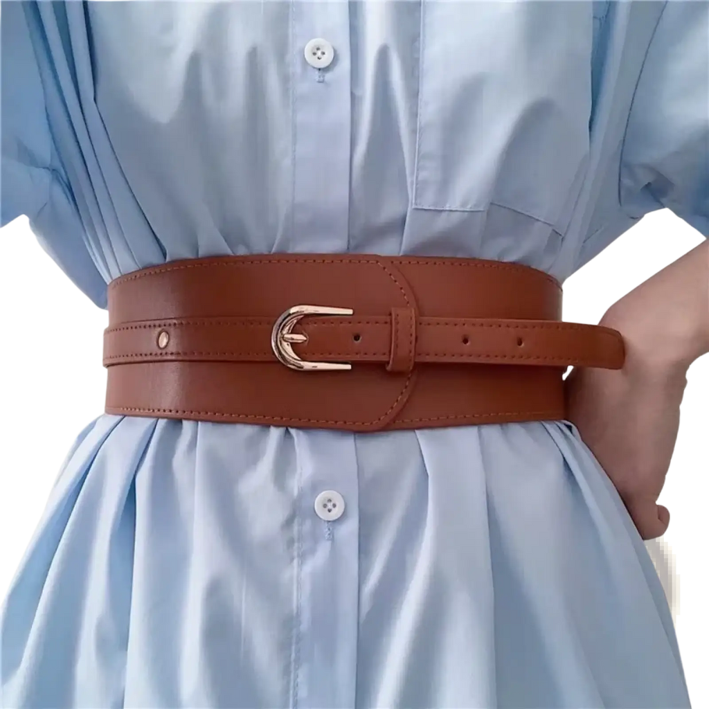 Women wide pu leather corset belt in brown with a gold-toned buckle showcasing its wide design and elegant finish