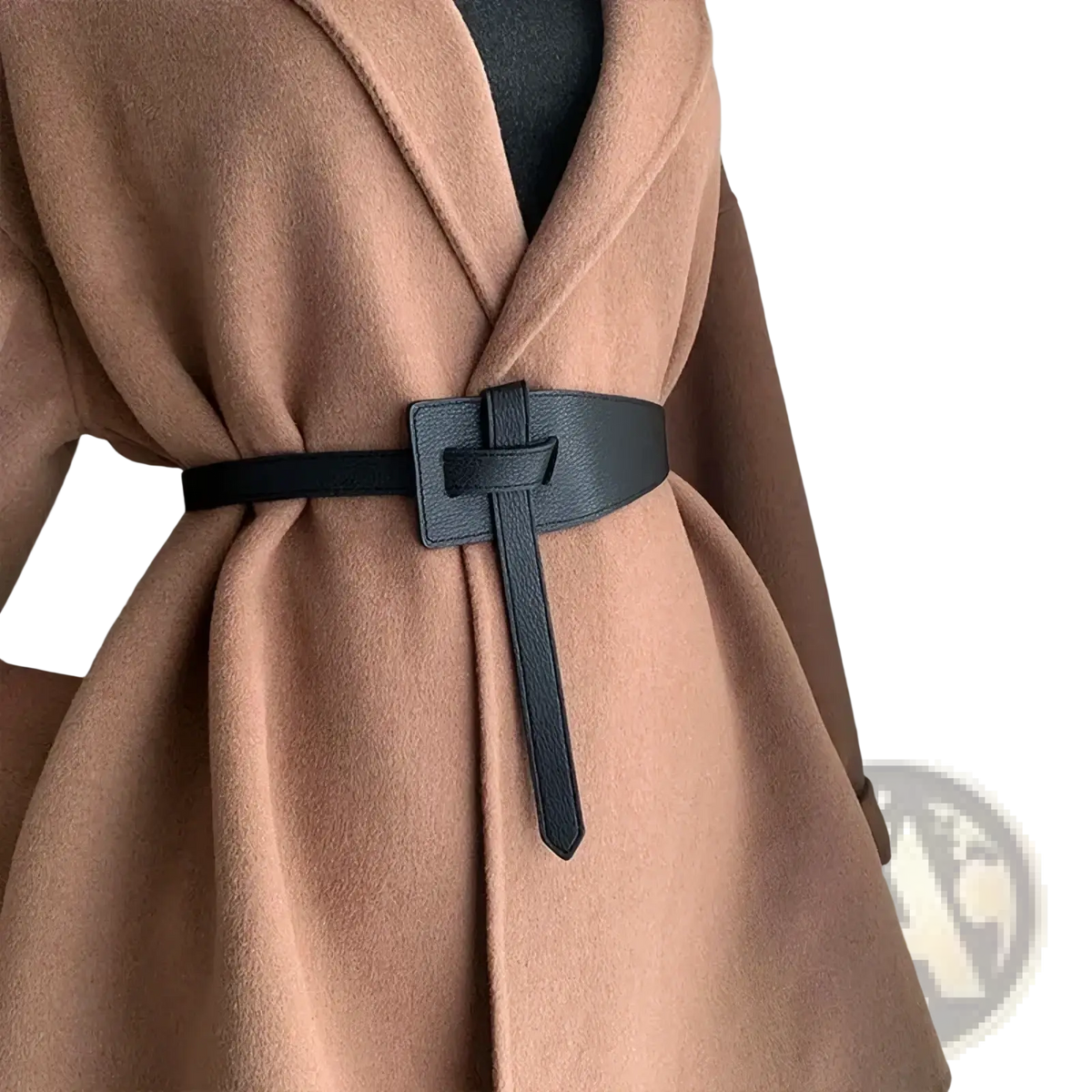 Black women wide pu leather dress belt with rectangular buckle and tapered strap ends for formal wear