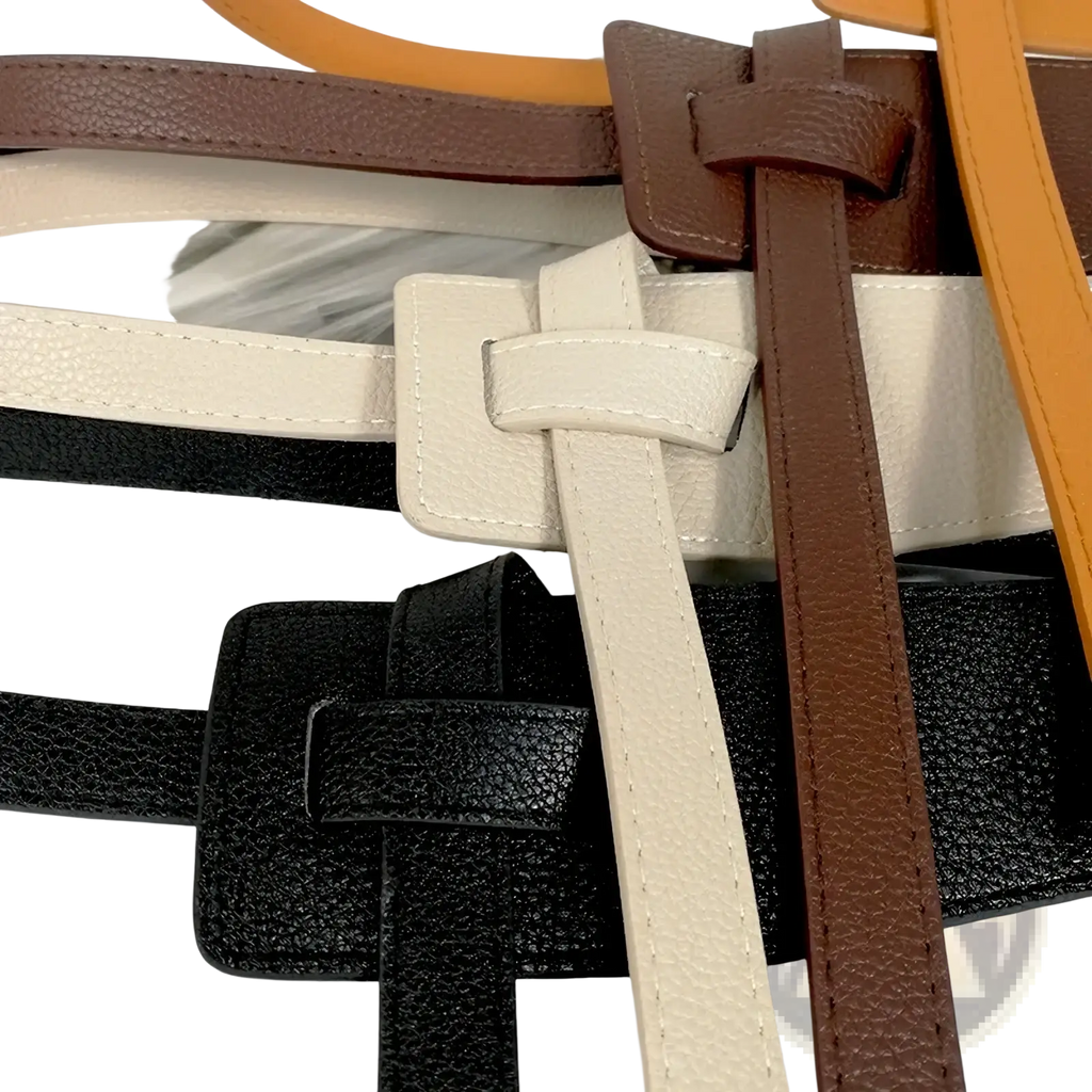 Women wide pu leather dress belts in beige brown and black with textured finish and rectangular buckle designs
